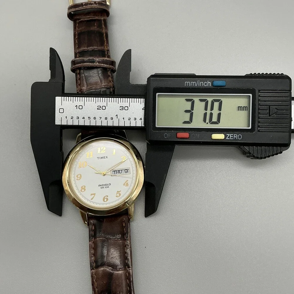 Vintage Timex Indiglo Mens Watch 37mm White Dial Brown Leather Quartz Day Date